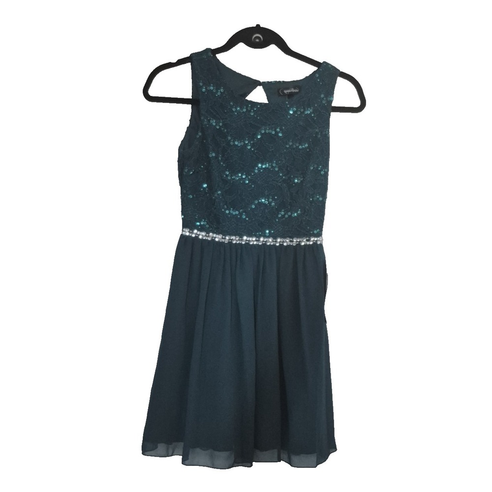 Speechless Dress Juniors 3 Green Fit & Flare Lace Sequin Rhinestone Lined NEW